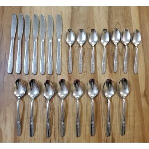 22 Pc Wm A Rogers Oneida Stainless SWEET BRIAR Rose Knives Spoon Flatware Lot